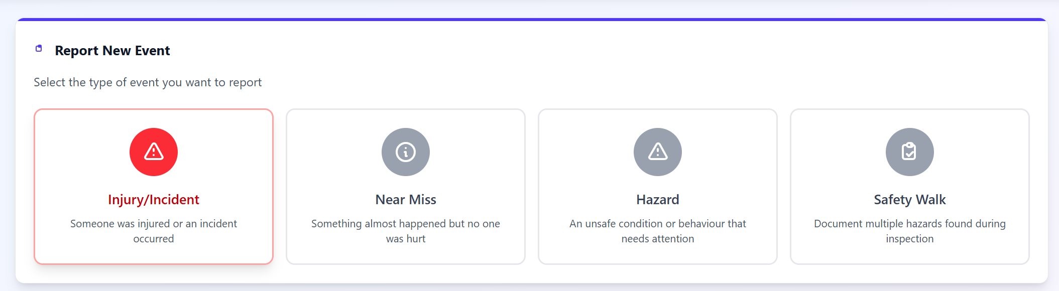 Safety Reporting System new event screen with options for injury, near miss, hazard and safety walk