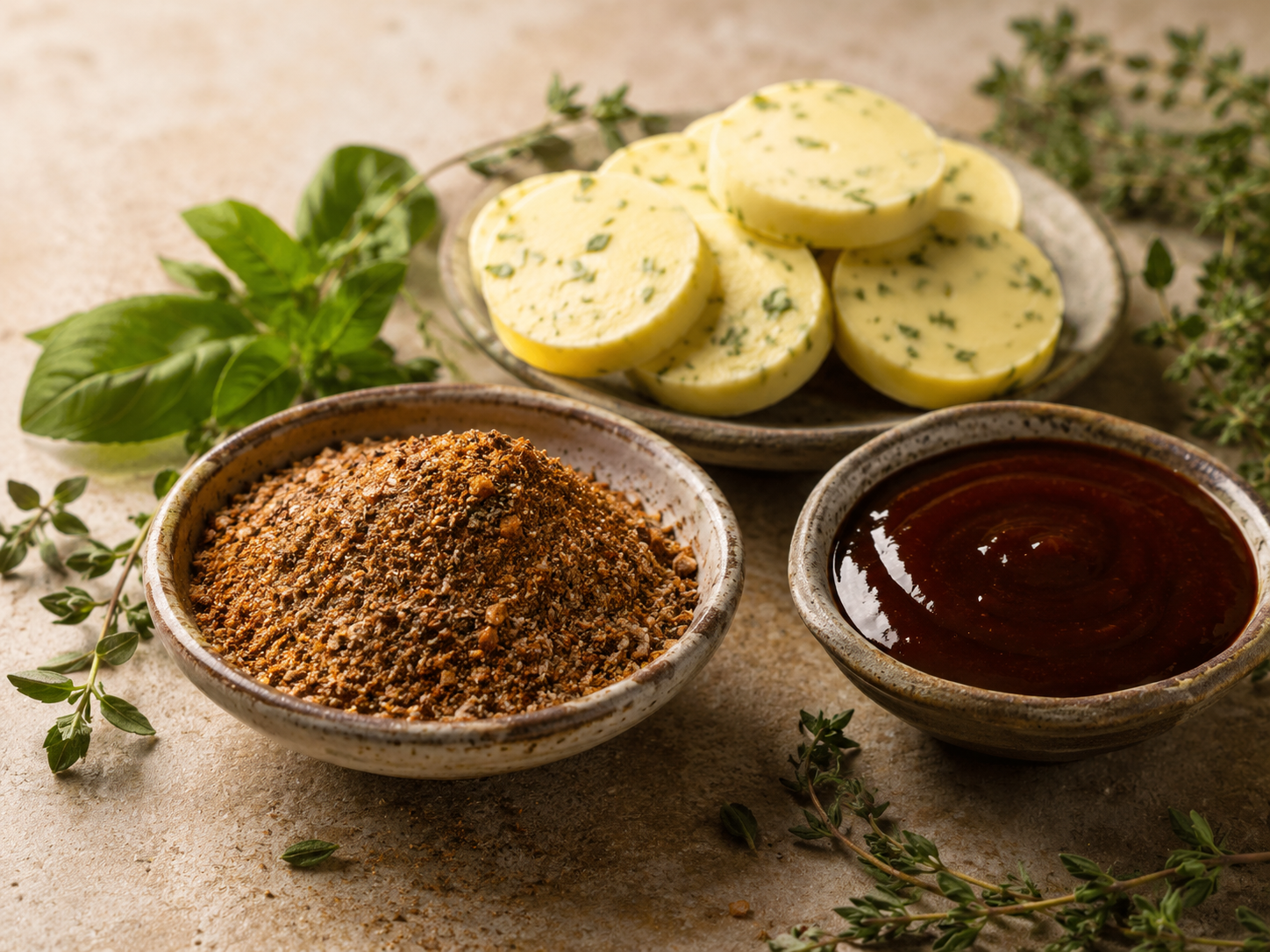 Food ingredients styled on a stone surface: a bowl of seasoning blend, a bowl of dark sauce, herb butter portions on a plate, with fresh basil and thyme