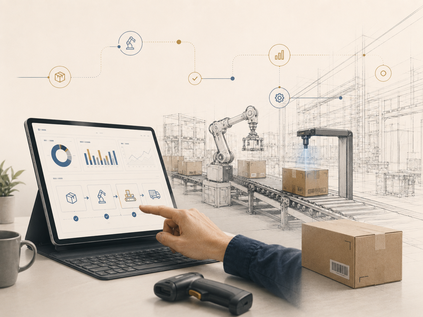 A hand pointing at a tablet showing operational dashboards and an automated order-to-dispatch workflow, with a sketched warehouse conveyor, robotic arm and barcode scanning behind it